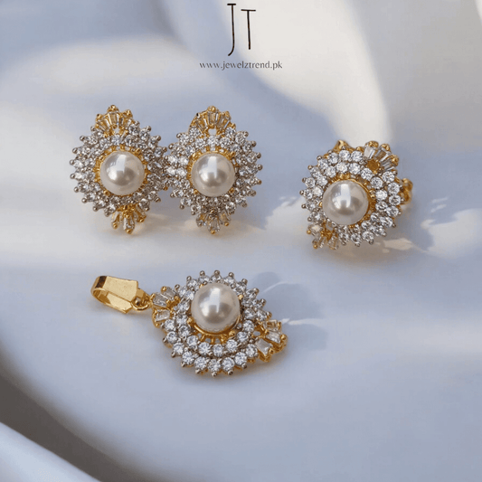 Elegance Defined: Centered Pearl & Zircon Locket Set