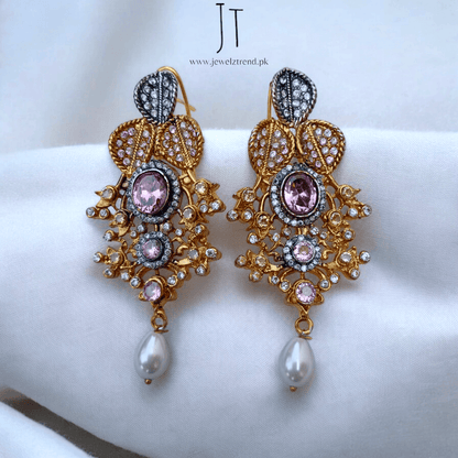 Pearl Drop Diamond Cut Long Earrings